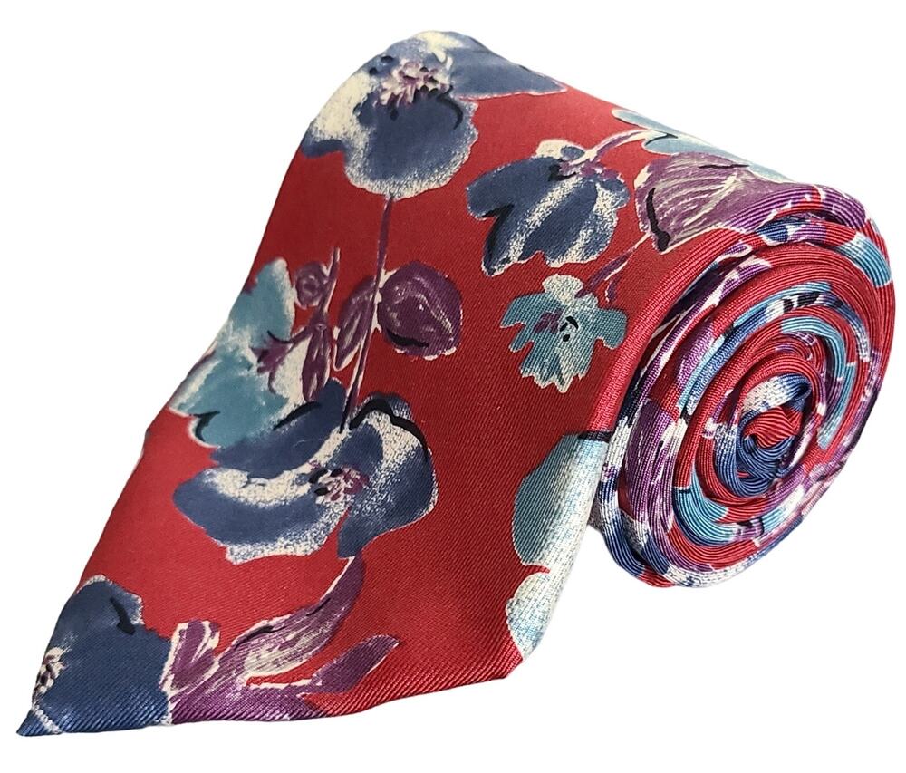 Clayborne Red Oversized Floral Print Silk Necktie Handmade 56x4